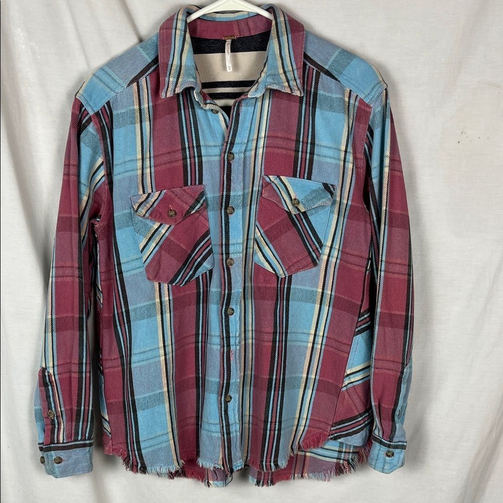 Free People Pink Blue Plaid Flannel Cotton Frayed Button Up Shirt